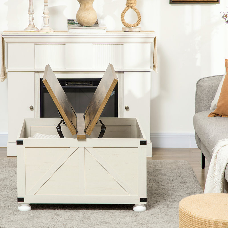 Table basse style Carré By, avec espace de rangement, plateau ouvert blanc antique, facile d'accès