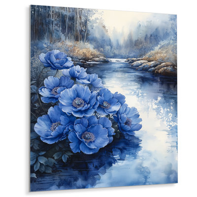 Bleuet bleu pivoines au bord de la rivière IV - pivoines, reproduction métallique