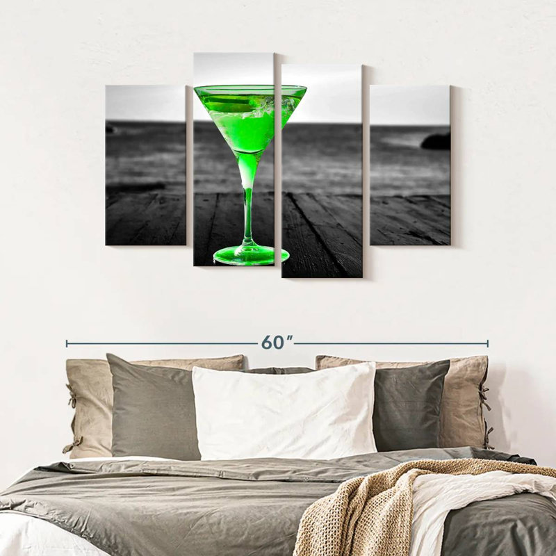 «Cocktail Pop Green Martini», ensemble de 4 reproductions sur toile par SodaPopArt, H 32 po x l 52 po x P 1,25 po