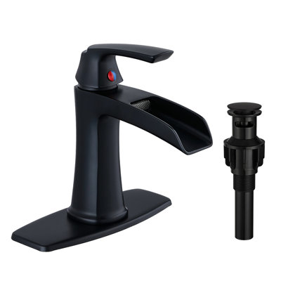 Robinet de salle de bain simple noir mat avec bonde escamotable, plaque de pont et débit aéré - cartouche manuelle en céramique pour évier chaud et froid à fonctionnement manuel