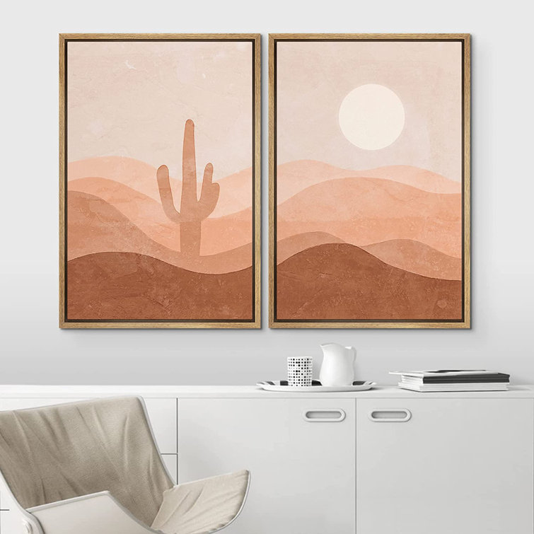 IDEA4WALL Framed Wall Art Print Set Cactus Shining Sun Desert Valley Landscape Wilderness Nature Illustrations Modern Art Boho Graphic Colorful Chic F