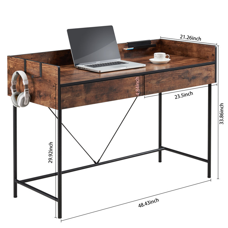 Bureau d'ordinateur 48 po avec 2 tiroirs et quincaillerie en métal, Brun rustique