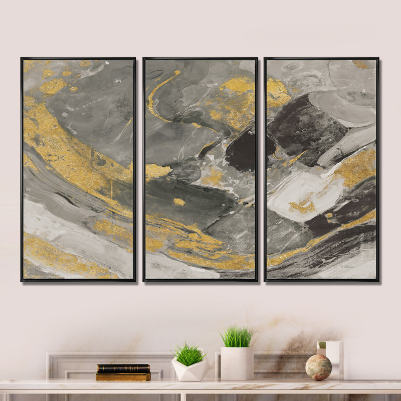 Marbre doré et noir II - ensemble d'art moderne sur toile encadrée moderne et contemporain de 3, L 36 po x H 20 po
