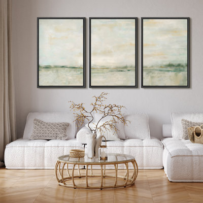 Minimal Landscape Grunge Green Pastel  Abstract Illustrations Framed Canvas 3 Pieces Print Wall Art