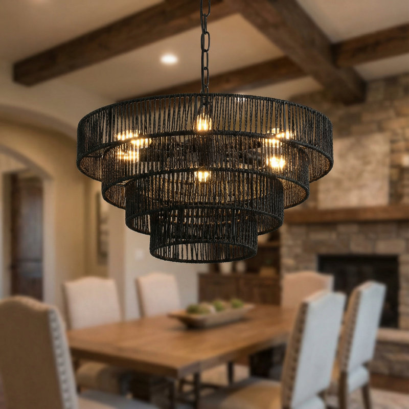 Lustre moderne 20 "à 4 couches en corde de chanvre tissé, Noir