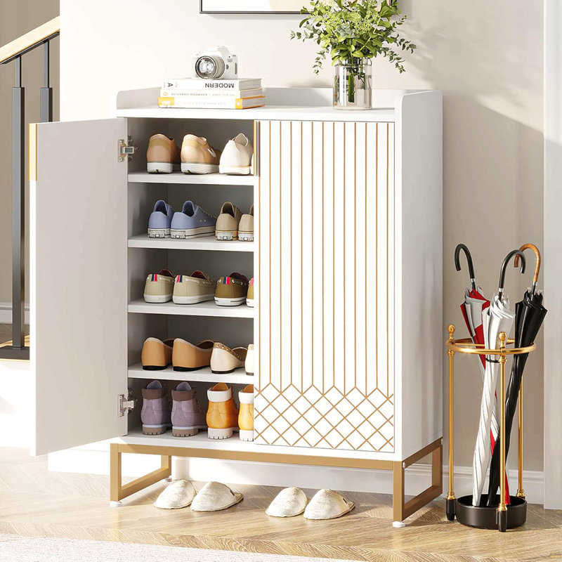 29.52 Inches Shoe Cabinet With Doors, 5 Tiers Shoe Storage Organizer, White/Gold