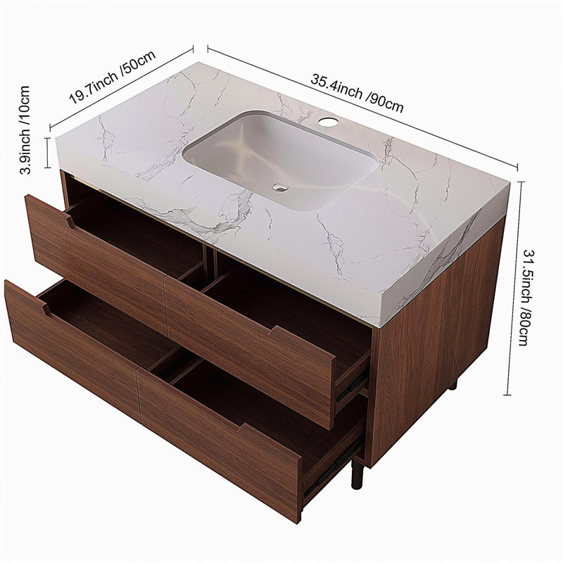 Meuble-lavabo autoportant en pierre frittée de 35,4 po avec lavabo encastré en bois massif multicouche, rangement 4 tiroirs, fixation murale