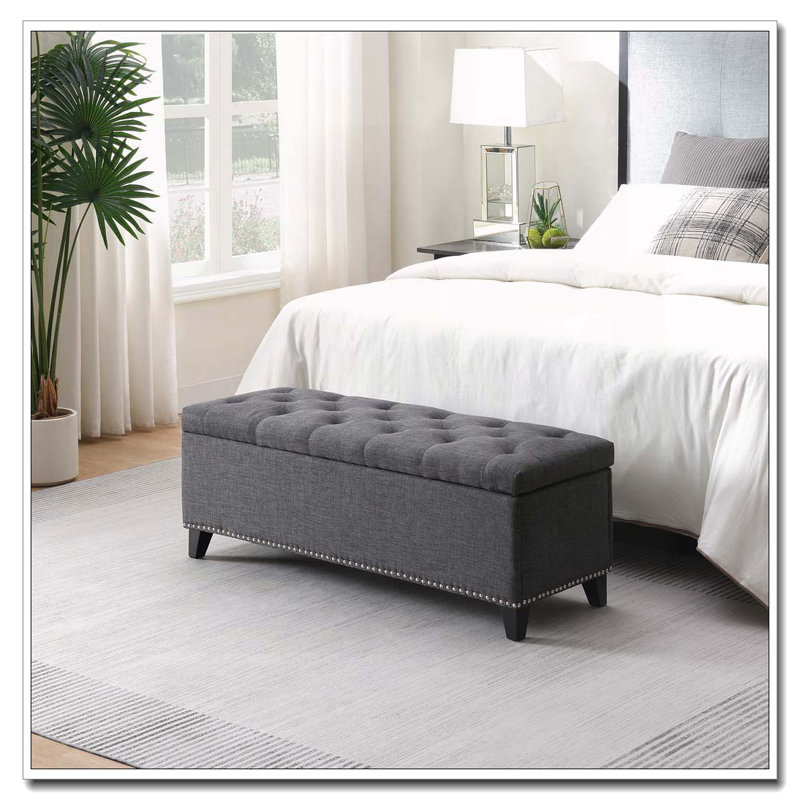 Linen Button-Tufted  Storage Bench, Dark Gray