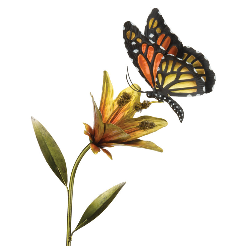 Piquet de jardin 45 po papillon et fleur en métal avec peinture résistante aux intempéries et piquet de sol robuste, Orange