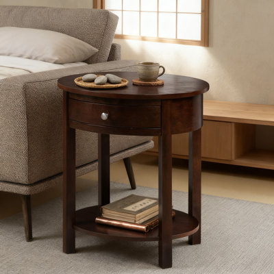 Solid Wood End Table With Drawer And Shelf, Classic Oval Design For Living Room Bedroom Or Office
