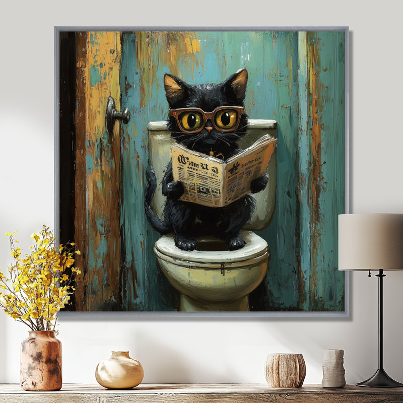 «Cute Cat Ready», journal sur la toilette II - art mural chat, H 30 po x l 30 po, Impression encadrée flottante