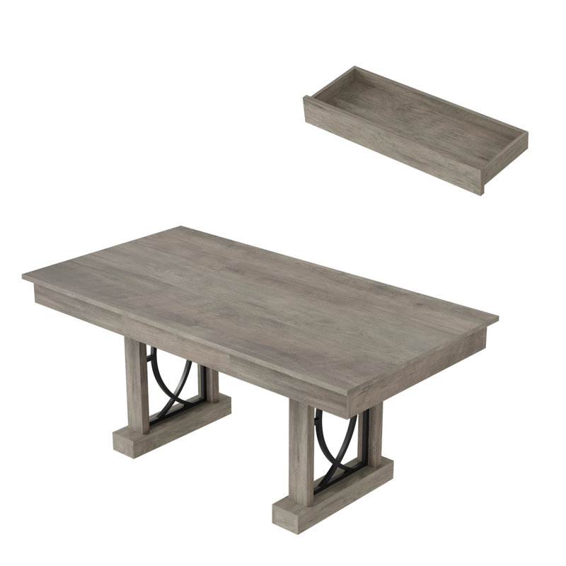 Spacious 71-Inch Dining Table for 6-8, Rectangular Wooden Table with Double Pedestal Base, 2 Storage Drawers, Gray