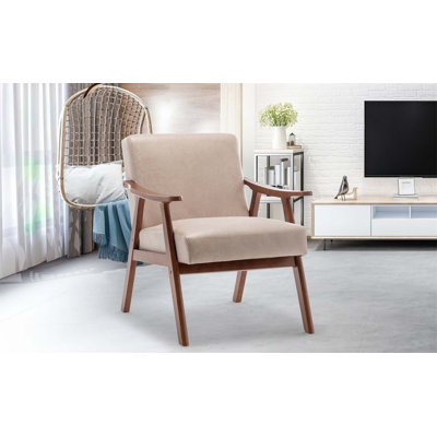 Chaise d'appoint Mid-Century moderne avec structure en bois massif, dossier très épais et coussins en velours moelleux pour une assise confortable dans les salons et les chambres