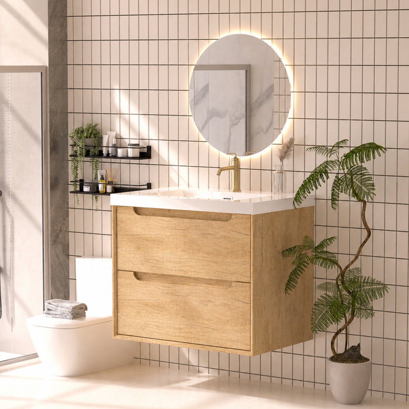 Meuble-lavabo mural avec lavabo en résine intégré - chêne naturel, 30