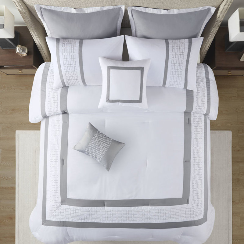 Édredon 8 pièces pour très grand lit - Style élégant, rembourrage de style transitionnel brodé,, Gris