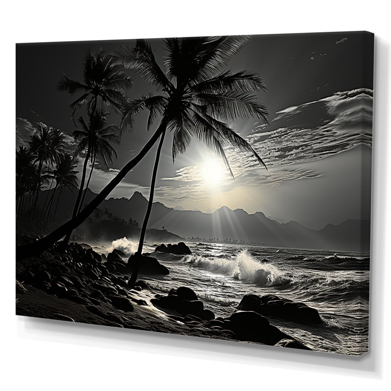 Palmier au bord de la mer, clair de lune sur toile, Toile tendue, H 30 po x l 40 po x P 1,5 po