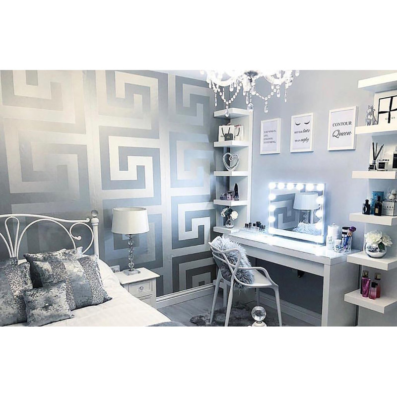 Versace Greek Key Silver Gray Vinyl Wallpaper, Silver/Gray, 33' L x 27" W