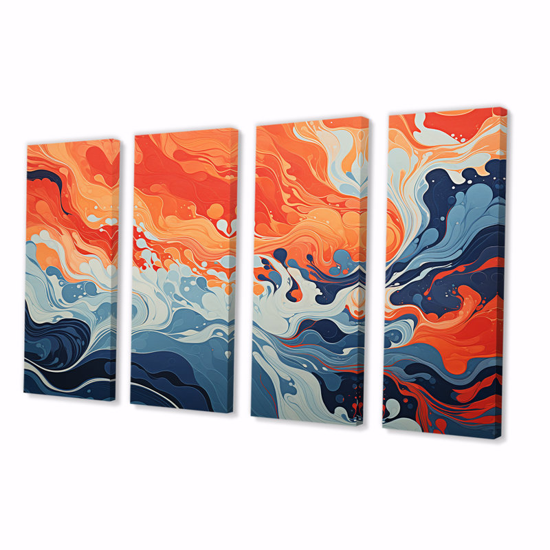 Encre liquide bleue et orange «Waves I» - Encre liquide abstraite 4 pièces, H 32 po x l 64 po