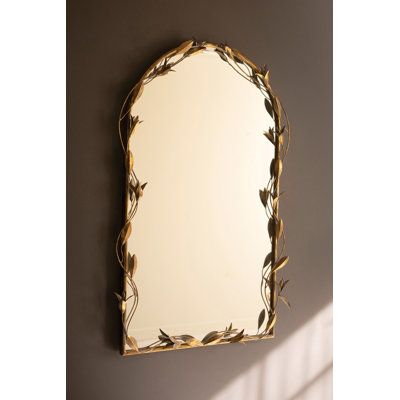  Tall Arched Wall Mirror Antique Brass Frame With Leaf Accents 43"H