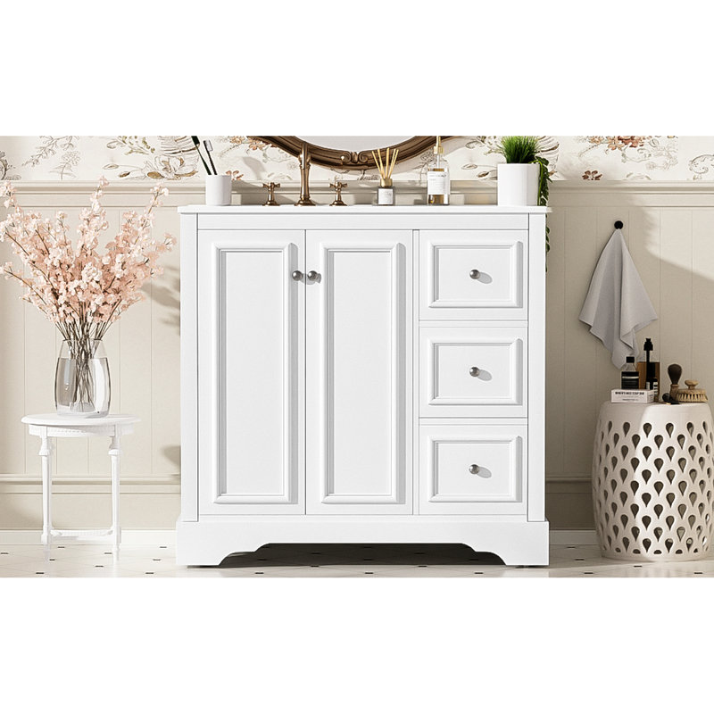 Meuble-lavabo de 36 po avec lavabo en céramique, 2 portes à fermeture douce et 3 tiroirs pour rangement organisé de 36 po avec tablette réglable et utilisation flexible