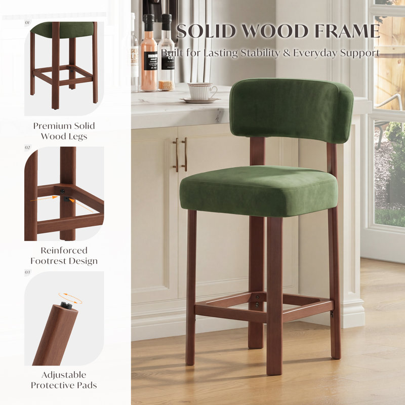 Upholstered Bar Stool with Solid Wood Frame, Green