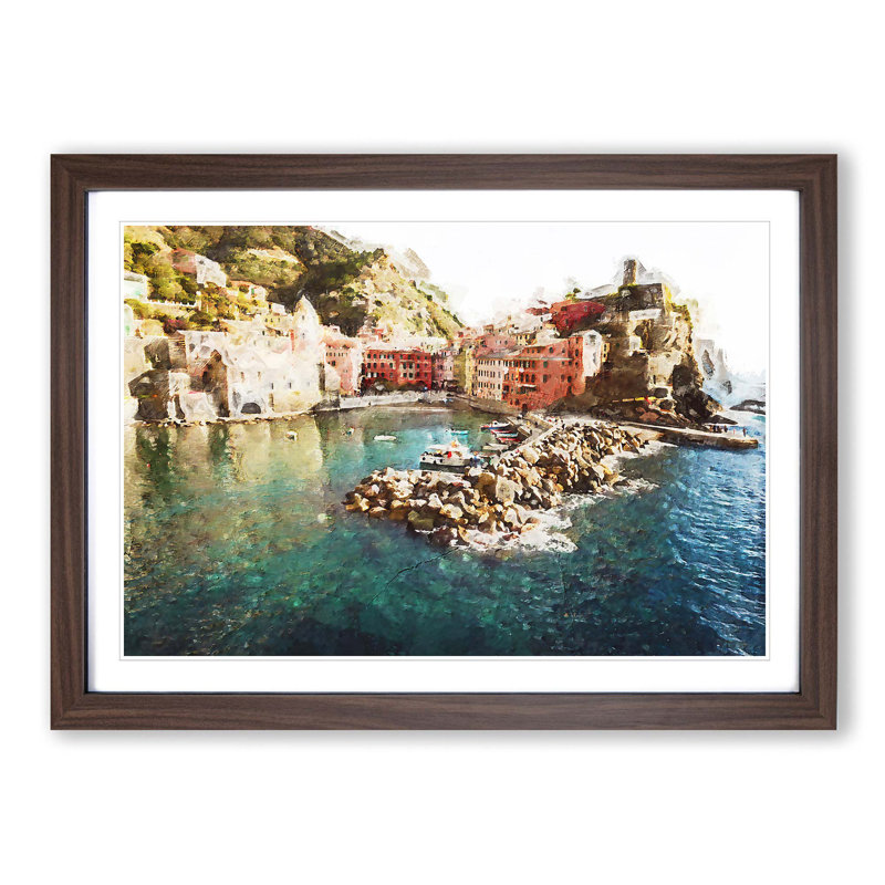 Boats in Vernazza Italy in Abstract - Picture Frame Graphic Art Print, Walnut Framed, 48cm H x 65cm W x 2cm D