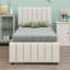 Lit simple avec lit gigogne escamotable et 3 tiroirs de rangement en dessous, lit plateforme simple tapissier en lin-52829714