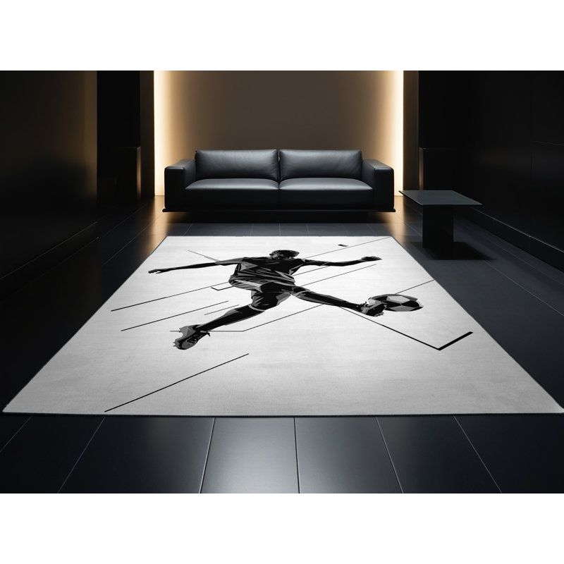 Tapis géométrique moderne gris lavable à la machine Paxton Soccer Kick, 7 x 9