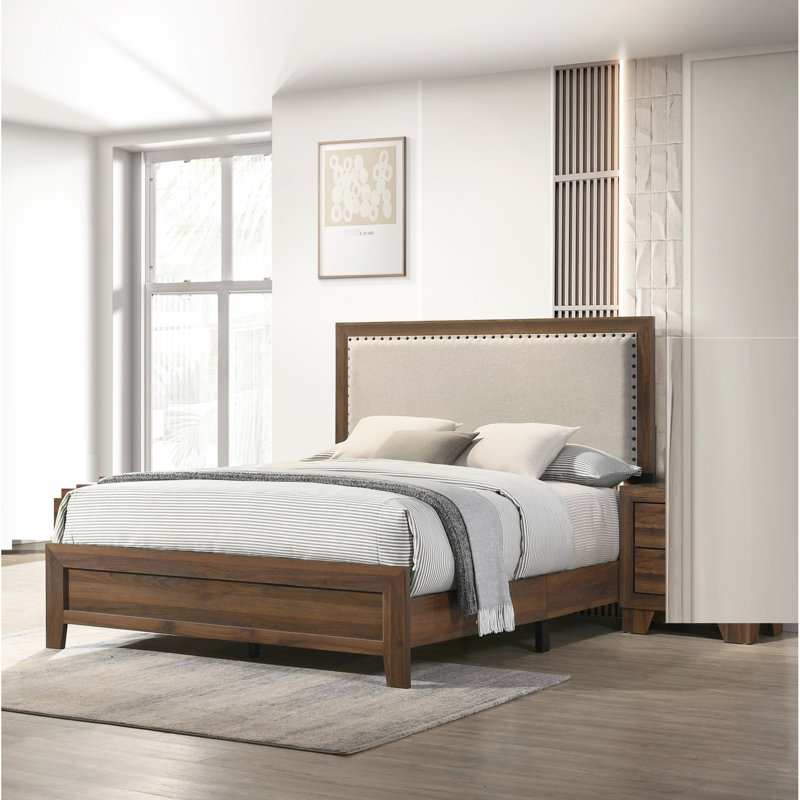 Enchanteur grand lit cerisier brun avec tête de lit tapissier et garniture décorative en tissu doux moderne, Grand lit, Brun