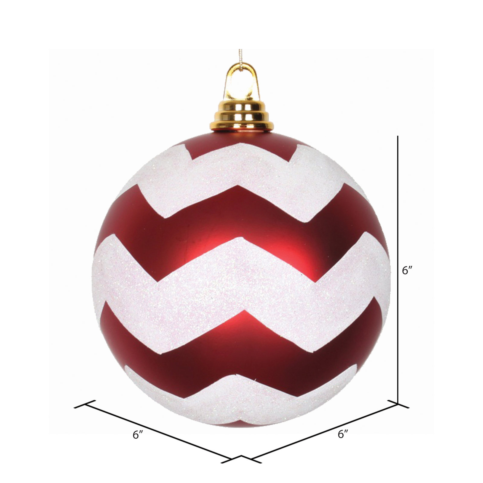 Chevron Shatterproof Christmas Ball Ornament, Red Matte/White, 6" H x 6" W x 6" D