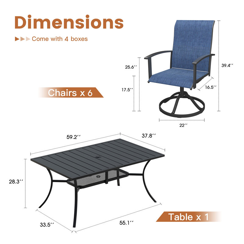 Ensemble de salle à manger de patio Middleton avec table de salle à manger rectangulaire et 6 chaises pivotantes PVC-coated polyester