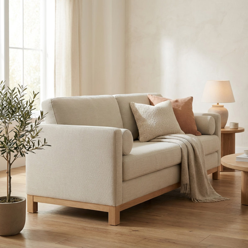 Ilene 84" Upholstered Sofa with Natural Wood Base, Effie Linen Performance Basketweave