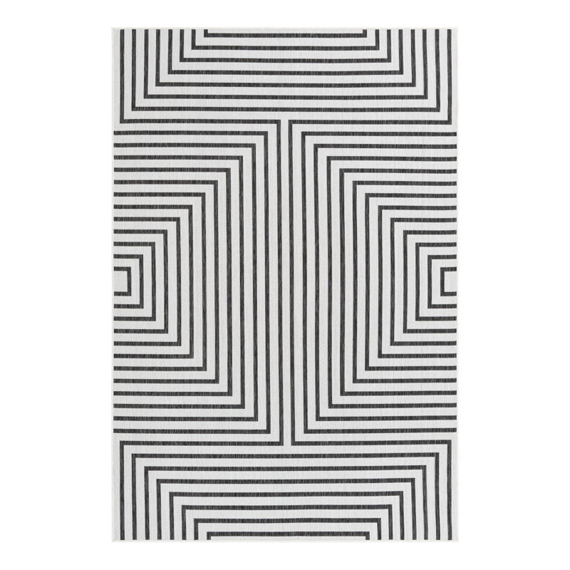 Tapis intérieur / extérieur en polypropylène géométrique tissé à la machine blanc / noir, Rectangle 6 pi 1 po x 9 pi