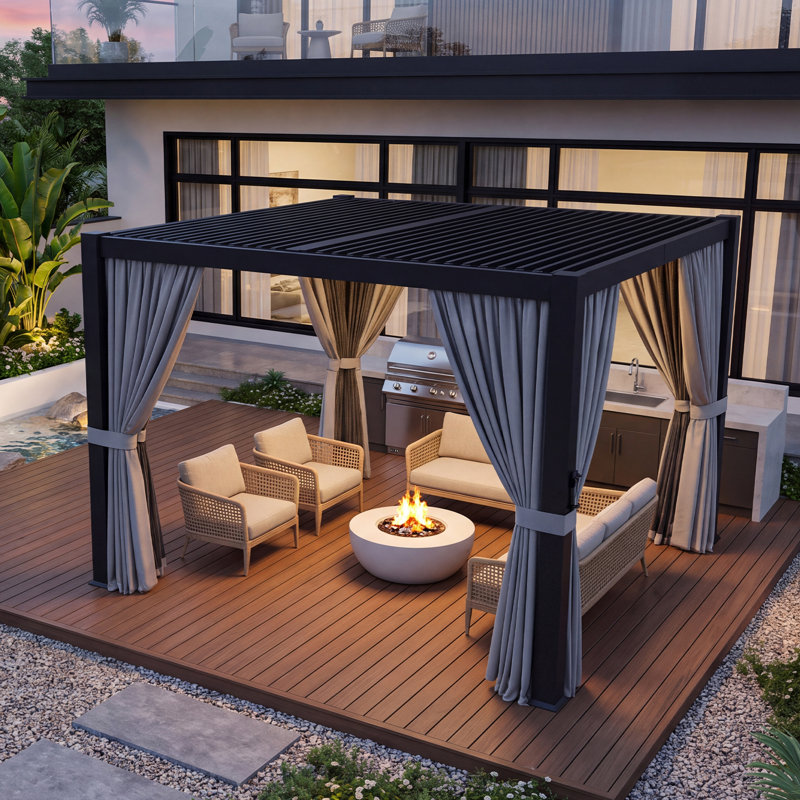 Pergola extérieure en aluminium de 3 m x 3 m avec toit à lames orientables, système de gouttières intégré, moustiquaire et rideaux