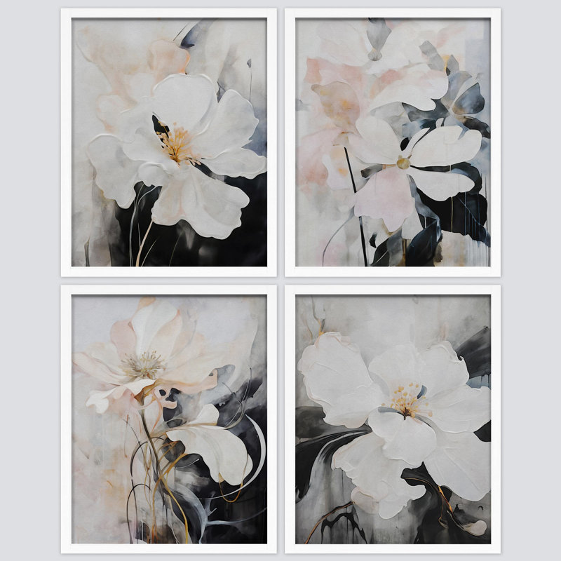 «Elegant Magnolia Watercolor Soft Floral», impression encadrée sur papier, 4 pièces, Blanc, H 10 po x l 8 po