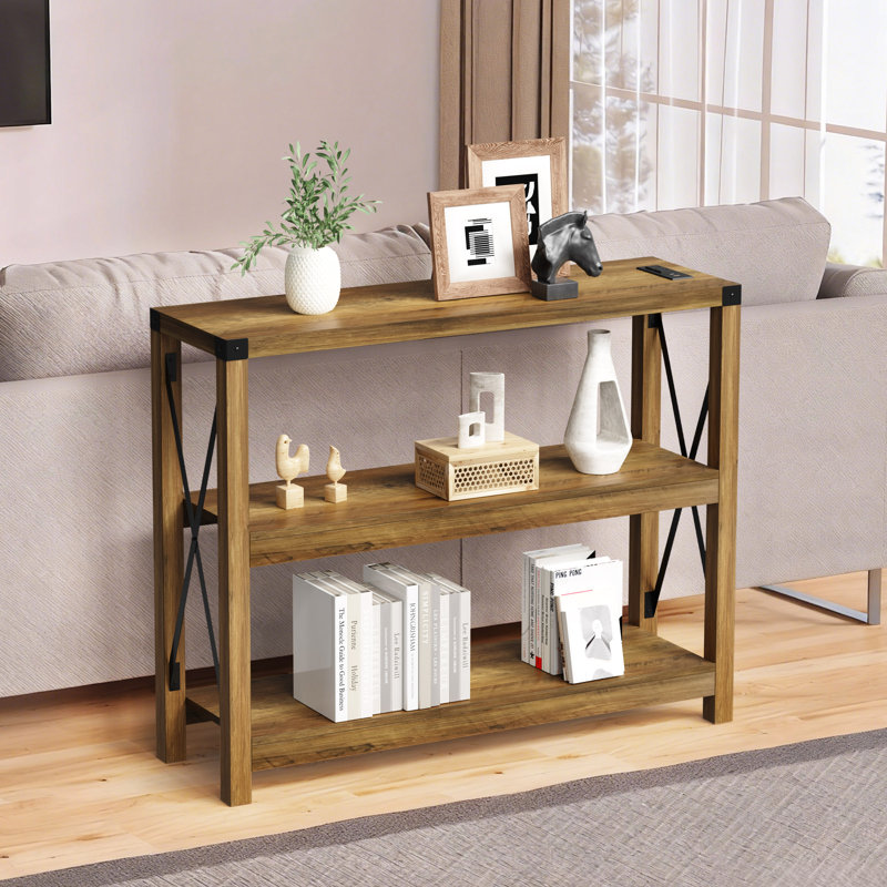 Console Darletha avec tablettes de rangement à 3 niveaux, Chêne rustique, H 31,5 po x l 43,3 po x P 11,8 po