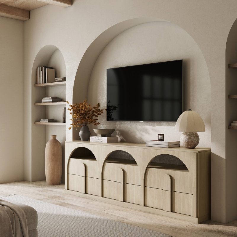 70" TV Stand for TVs up to 75" w/Drawers & Open Shelves, Sand, Sand