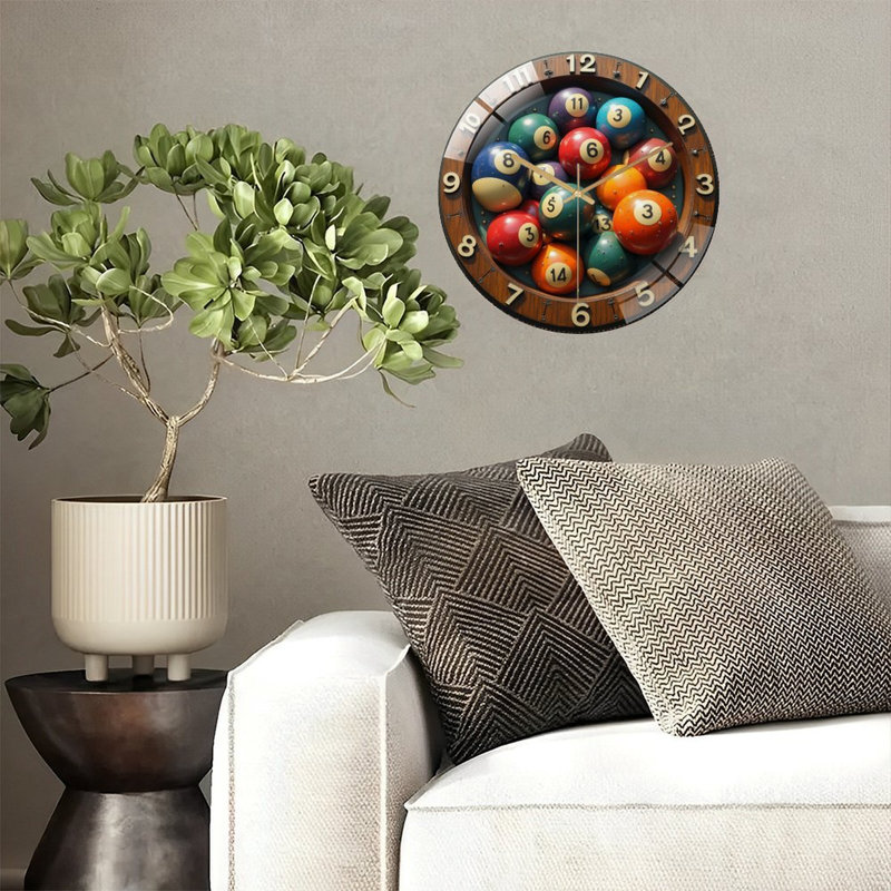 Colourful Pool Balls Set for Game Night Fun Art - 12'' Modern Glass Wall Clock