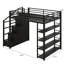 Lit mezzanine double en métal avec tablettes de rangement, armoires et garde-robe, lit mezzanine peu encombrant avec garde-corps et escalier