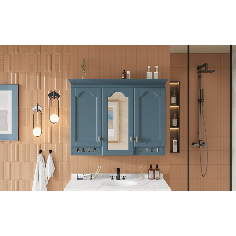Armoire à miroir murale 35 pouces tout-en-un avec tablettes réglables, charnières à fermeture en douceur, Bleu