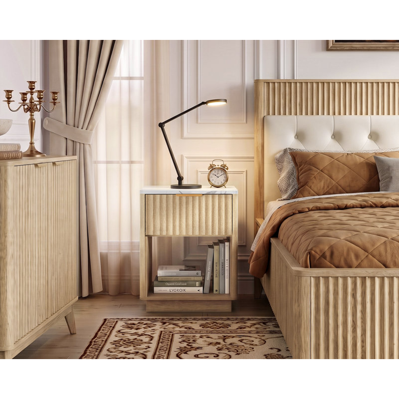 Seyla 18''W Fluted 1-Drawer Nightstand with Open Cubby, Wood Nightstand with Built-In Charging Outlets, Individual