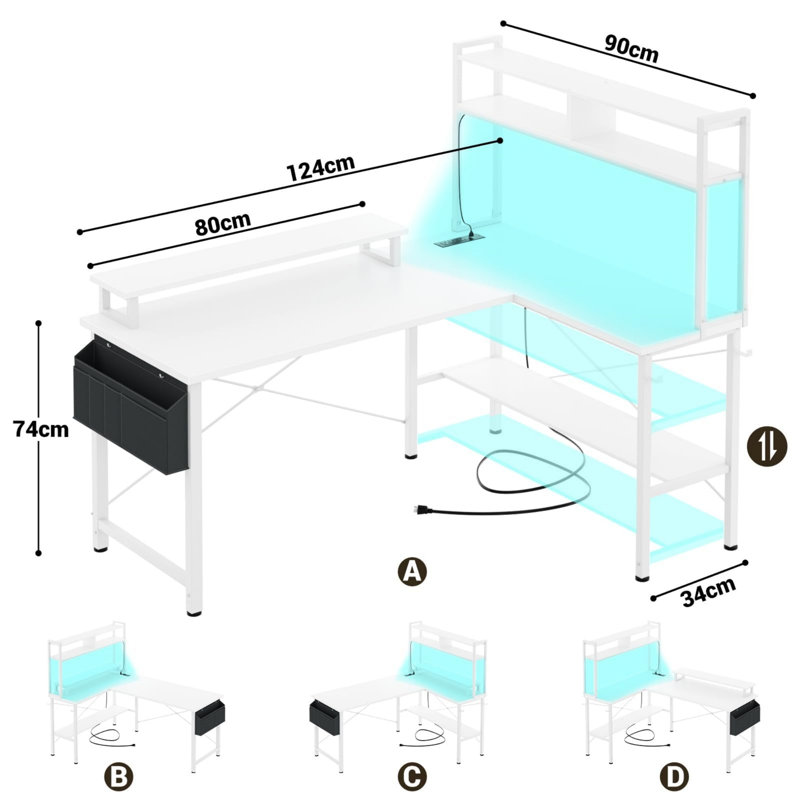 L-Shaped Gaming Desk with Power Outlets & LED Lights, Small Corner Computer Desk with Monitor Stand & Storage Shelf, Gaming Table with Storage Bag