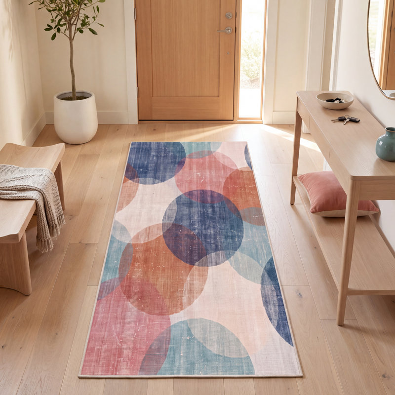 Tapis Estuary2 Modern Circles à motifs géométriques turquoise, rose et crème, lavable à la machine, antidérapant, à poils courts, pour l'intérieur et l'extérieur, adapté aux animaux domestiques, idéal pour le salon, la chambre, la salle à manger, l'entrée, le couloir ou le bureau.