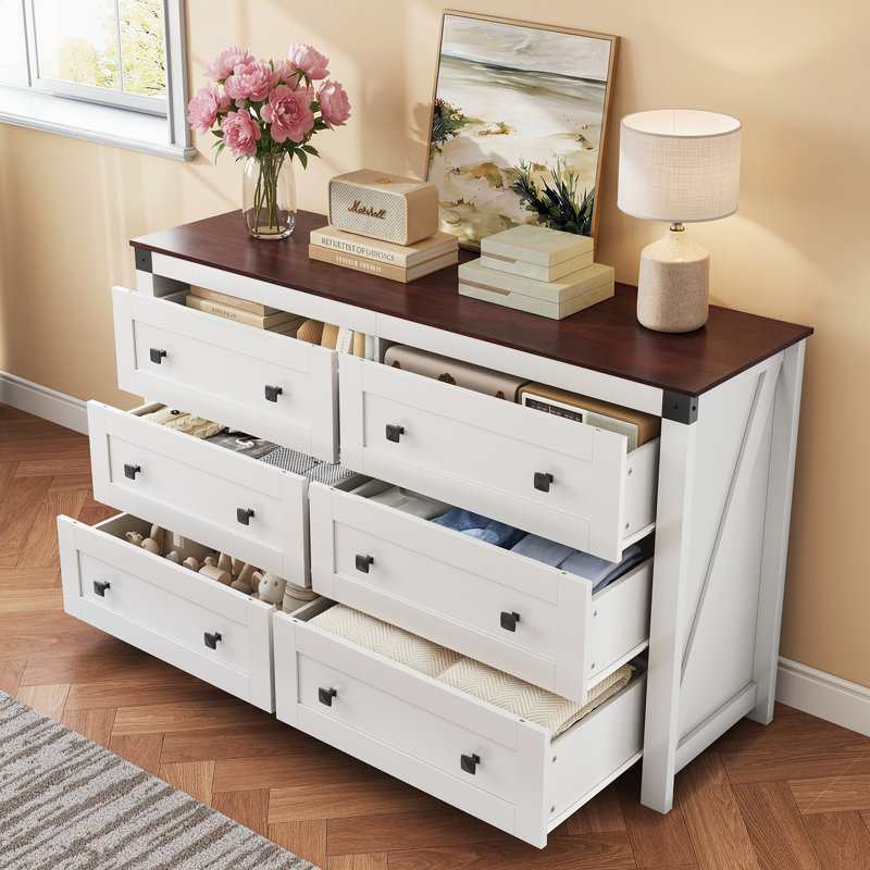 Farmhouse 53'' W 6 Drawer Dresser for Bedroom, Wood Storage Organizer with Double Rustic Handle, TV Stand for 60 inch TV, Chest of Drawers for Living Room, Hallway