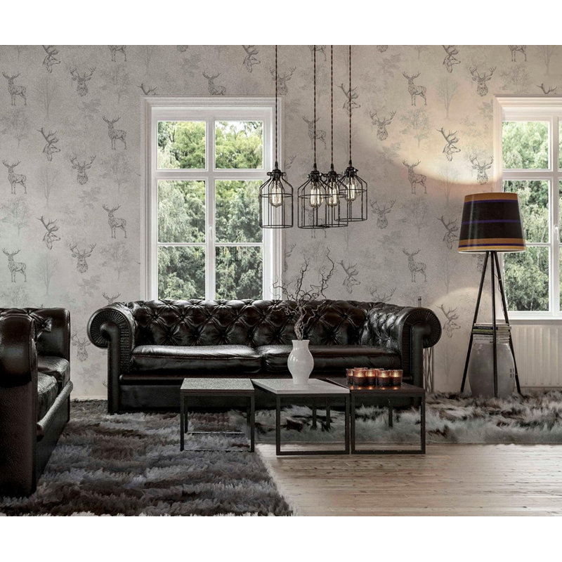 Ambania Stag Mono Black Etched Stag Designs Metallic Wallpaper 10.5m x 53cm Roll