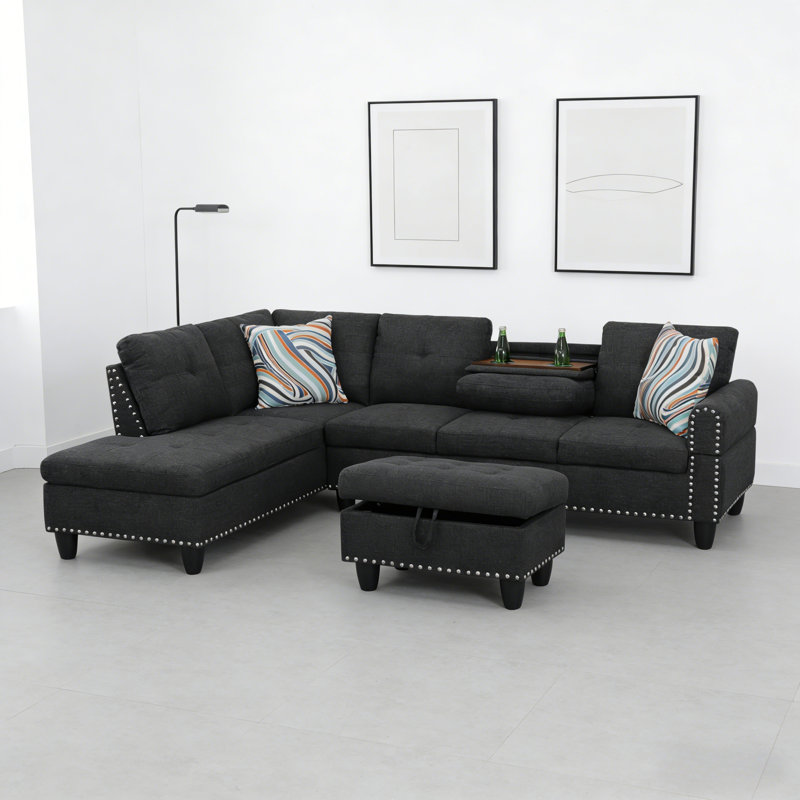 Ensemble de canapé en forme de L 3 pièces avec table rabattable et repose-pieds de rangement, disponible en tissu ou similicuir