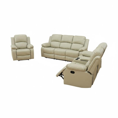 Beige Breathing Leather 3-Piece Living Room Recliner Sofa Set, Power Reclining Sofa With USB Charging, Wireless Charging, LED Lights, Storage & Cup Holders, Double Spring, Solid Wood Frame, Quiet Motor, 170° Sleep Function For Living Room