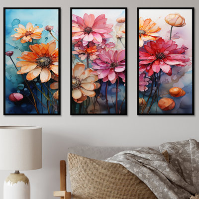 Colorful Daisy Blossoming Abstraction III - Daisies Canvas Wall Art Set