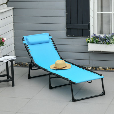 Patio Folding Reclining Chair - Lounge With 4 Back, Breathable Mesh, Pillow, For Blue Pool Fabric, 4 Positions, Beach,