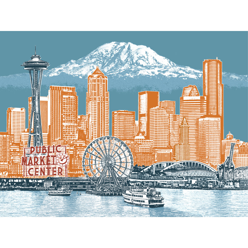«Seattle to Mt. Rainier» par Beth Kerschen - Peinture, H 25 po x l 33 po, Toile encadrée noire